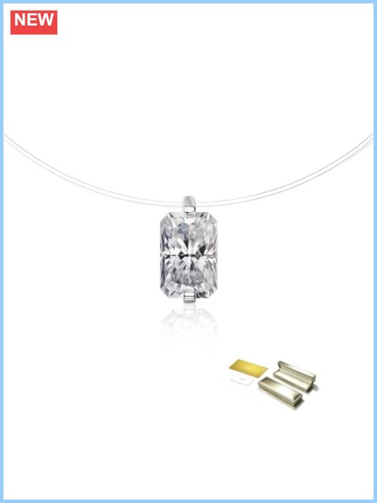 Jewelry - Floating Moissanite Pendant Necklace 1CT Emerald Cut S925 Silver Plated White